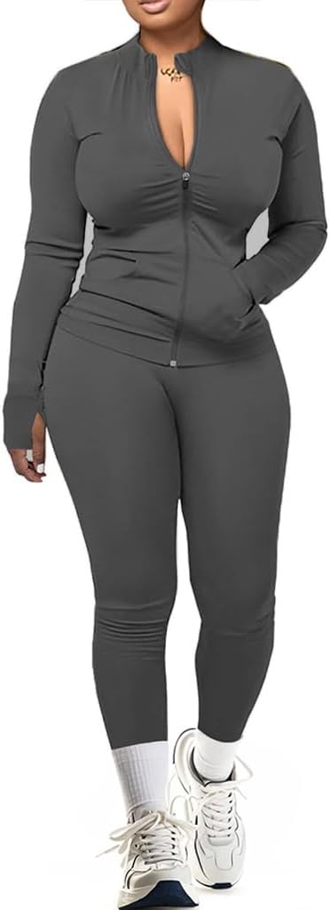 UOUA Two Piece Outfits Women Tracksuit Sets Long Sleeve Zip Up Jacket & Leggings for Gym Workout Set