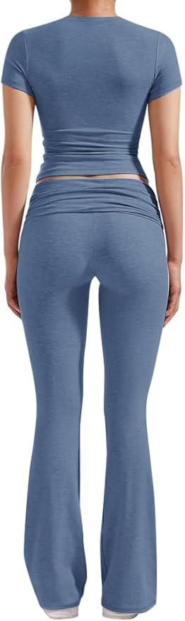 YETOWA Women's 2 Piece Lounge Outfits Slim Short Sleeve Tops Low Rise Flare Leggings Sets Yoga Sweatsuit