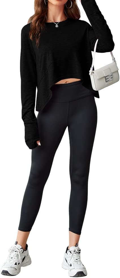 Aurgelmir Womens Long Sleeve Cropped Tops Loose Workout Athletic T-Shirts Flowy Sweatshirt for Yoga Tiered Hem Gym Tees