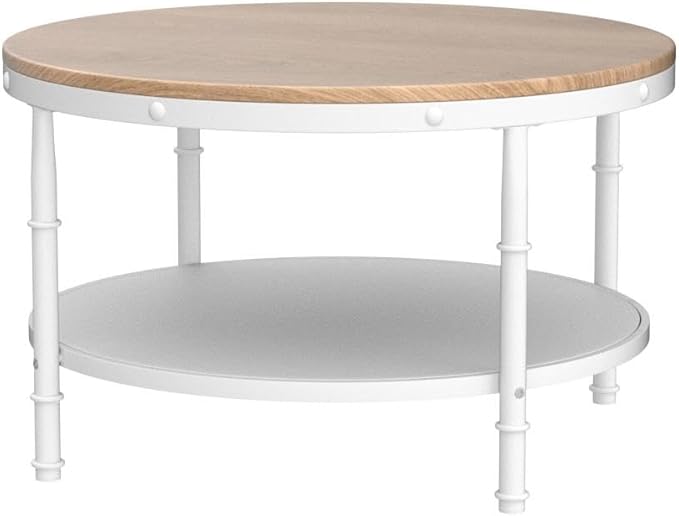 VINGLI 31.5" Natural White Round Farmhouse Coffee Table, 2-Tier Storage Wood Center Circle Accent Table for Living Room, Bedroom, Apartment, Studio and Small Spaces, Sturdy Metal Frame, Natural Color