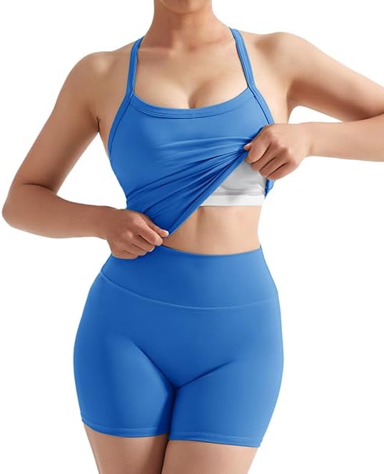 SUUKSESS Women 2 Piece Workout Sets High Waisted Tummy Control Biker Shorts Halter Padded Tank Tops