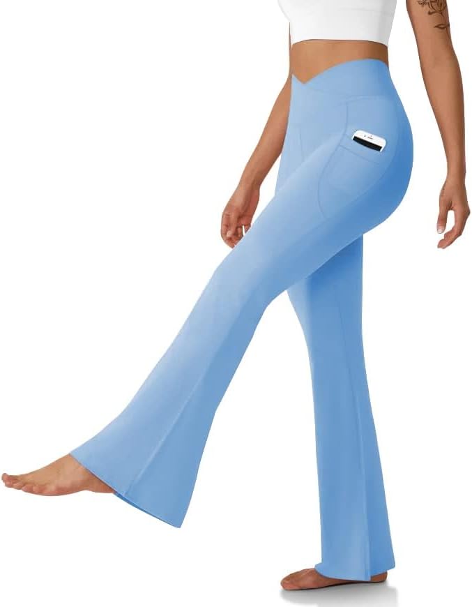 DLOODA Women's Flare Leggings with Pockets Crossover High Waisted Bootcut Yoga Pants Tummy Control Bell Bottom Leggings