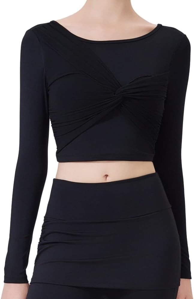 Harssidanzar Women's Backless Yoga Tops 2 in 1 Long Sleeve with Sports Bra for Gym Athletic CL313US