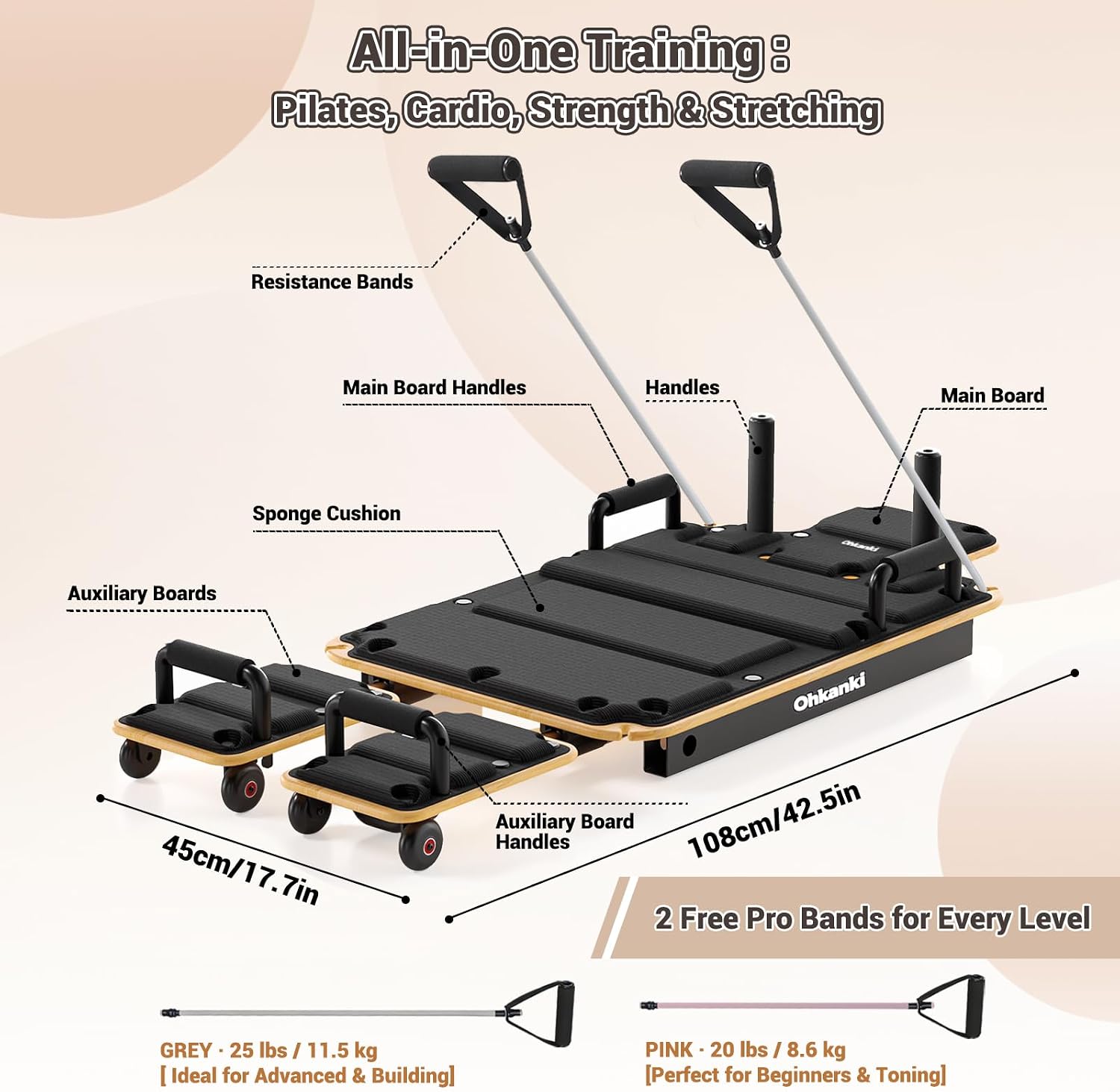 Reformer Pilates Machine,Wooden Pilates Board for Home Workout,5-in-1