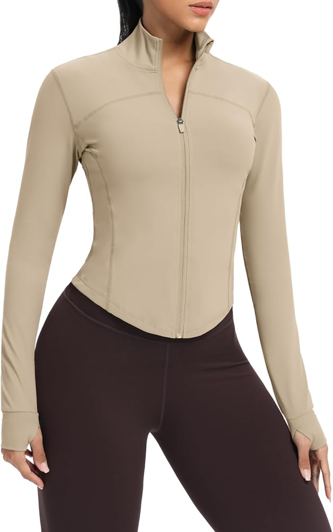 AVGO Women's Cropped Running Workout Jackets Zip Slim Fit Athletic Tops with Thumb Holes