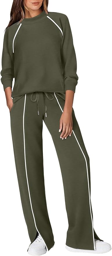 WIHOLL Lounge Sets for Women 2 Piece Fall Outfits 2025 Wide Leg Pant Matching Sets Womens Clothing