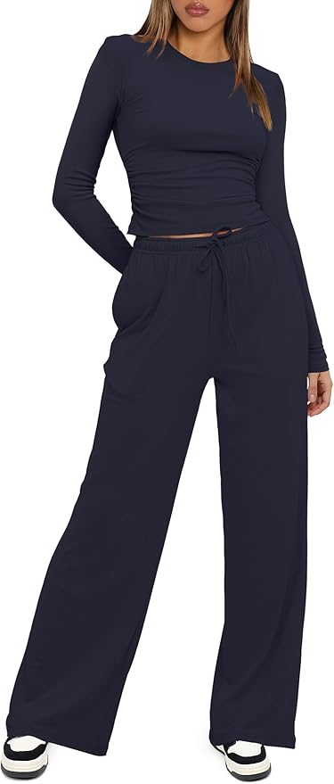 Darong Women's 2 Piece Outfits Lounge Sets 2026 Long Sleeve Tops Wide Leg Pants Casual Matching Set