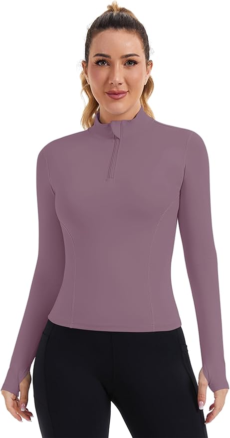ZHENWEI Womens Workout Tops Long Sleeve Quarter Zip Pullover Quick Dry Golf Shirt Athletic Slim Fit Crop Yoga Gym Tops