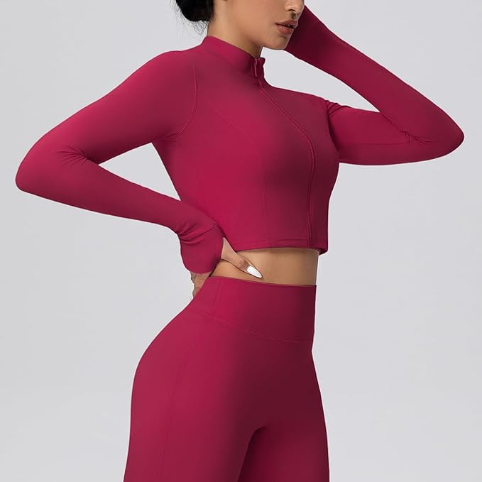 Yknktstc Womens Full Zip Athletic Jacket with Thumbhole Long Sleeve Crop Top Running Workout Yoga Sportswear Shirt