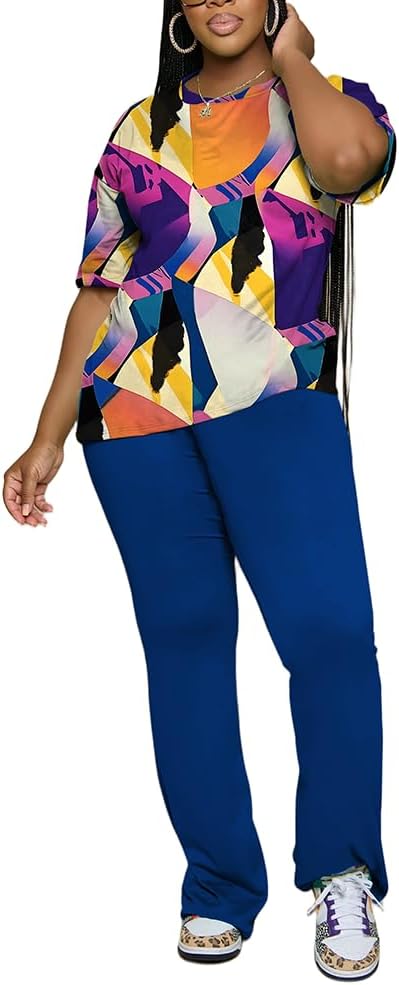 PINSV Women 2 Piece Outfits Short Sleeve Top and Flare Pants Lounge Sets Tracksuit