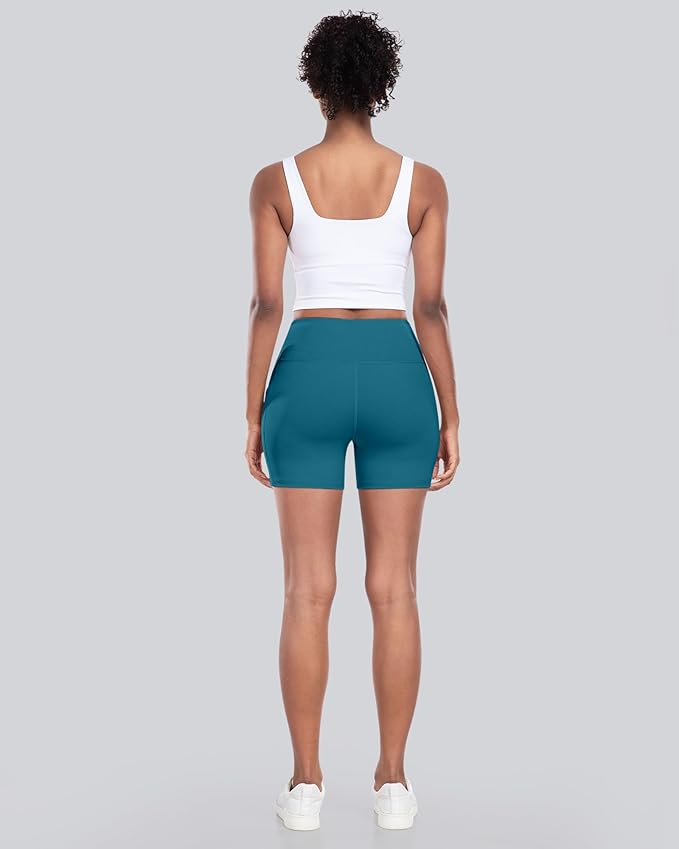CHRLEISURE Womens Biker Yoga Shorts with Pocket, High Waisted Tummy Control 5 Inch Workout Spandex Athletic Gym Shorts