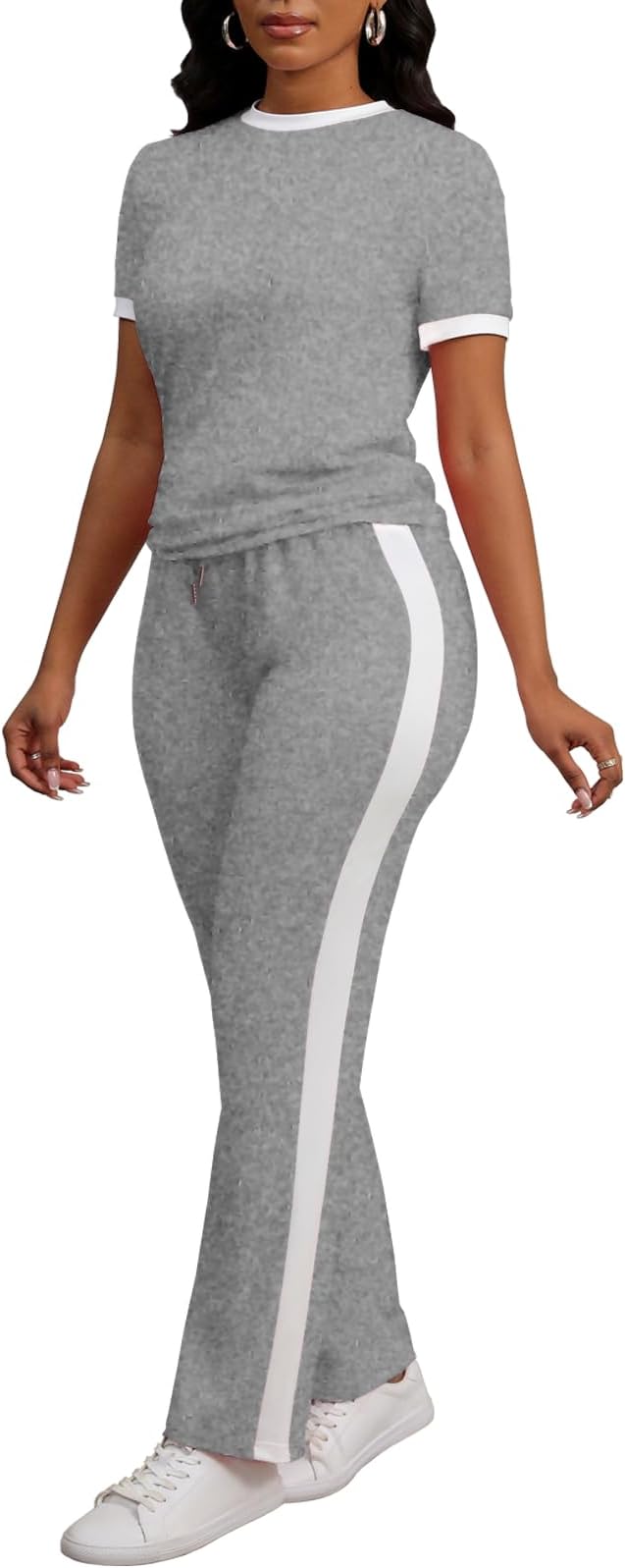 PINSV Women's 2 Piece Outfits Short Sleeve Tops Sweatpants Colorblock Bodycon Lounge Sets Tracksuit