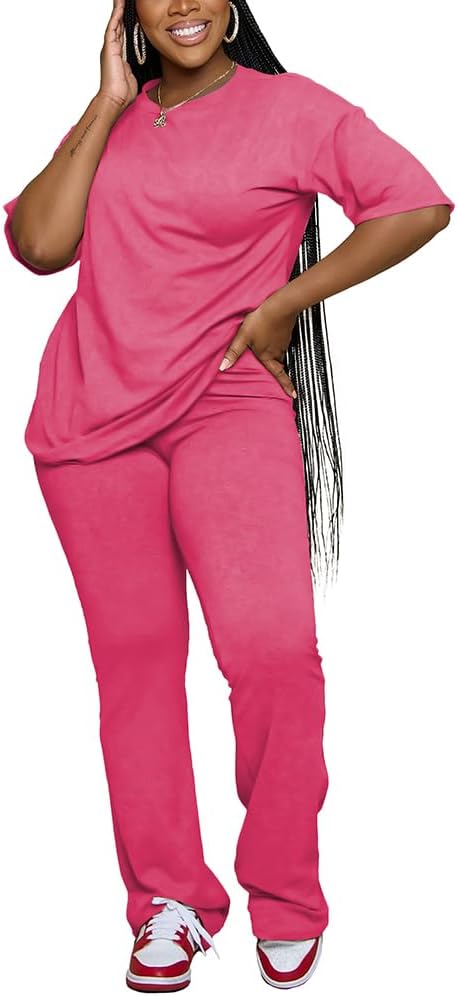 PINSV Women 2 Piece Outfits Short Sleeve Top and Flare Pants Lounge Sets Tracksuit