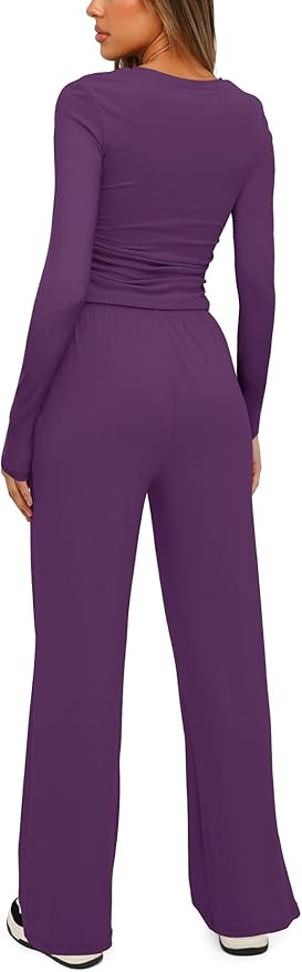 Darong Women's 2 Piece Outfits Lounge Sets 2026 Long Sleeve Tops Wide Leg Pants Casual Matching Set
