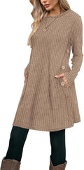 Poetsky Women Long Sleeve Tunic Tops to Wear with Leggings Side Buttons Long Shirts Rib Sweater Dress with Pockets S-3XL