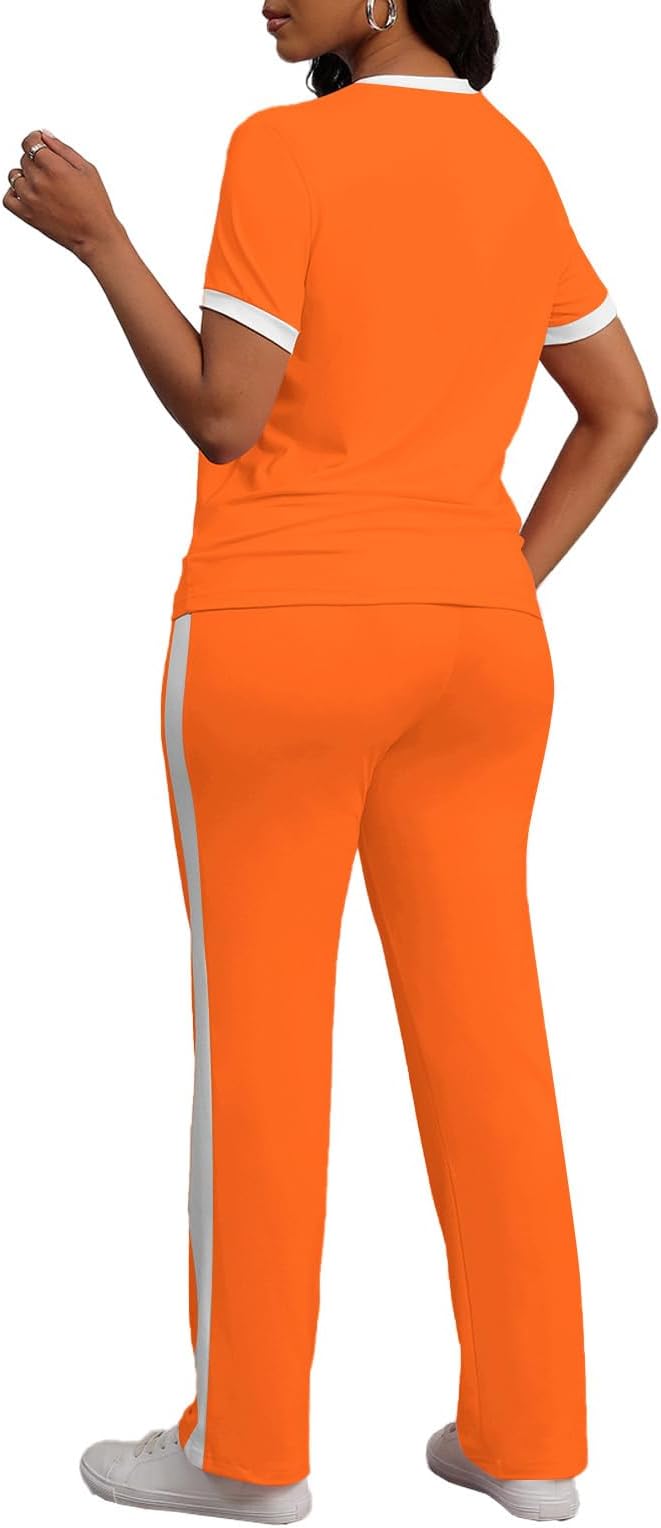 PINSV Women's 2 Piece Outfits Short Sleeve Tops Sweatpants Colorblock Bodycon Lounge Sets Tracksuit