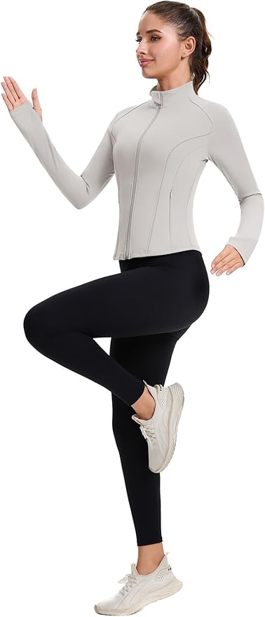 ZHENWEI Workout Jackets for Women Full Zip Up Cropped Athletic Long Sleeve Lightweight Slim Fit Running Tops with Pockets