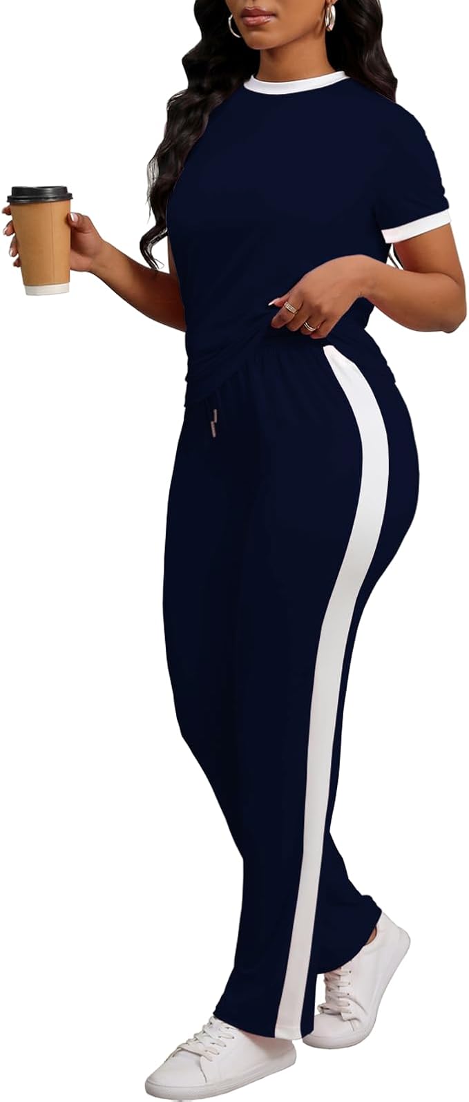 PINSV Women's 2 Piece Outfits Short Sleeve Tops Sweatpants Colorblock Bodycon Lounge Sets Tracksuit