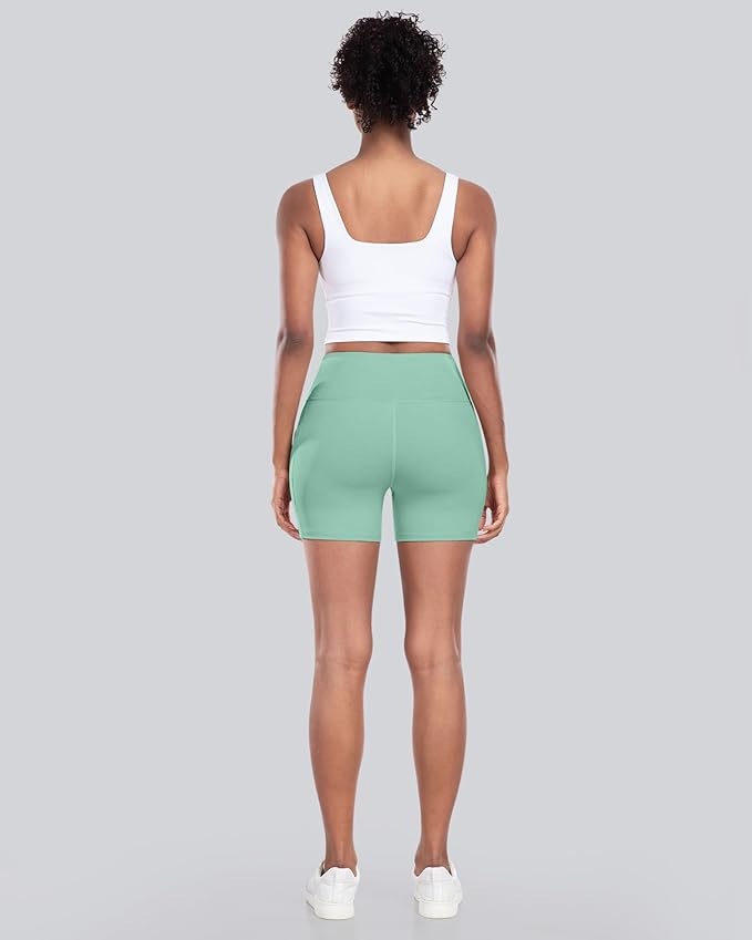 CHRLEISURE Womens Biker Yoga Shorts with Pocket, High Waisted Tummy Control 5 Inch Workout Spandex Athletic Gym Shorts
