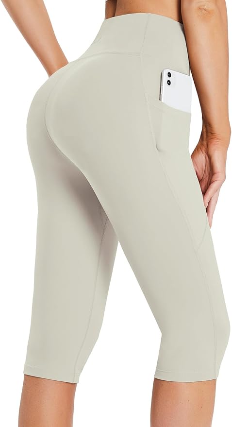 baleaf Women's Capri Leggings with Pockets High Waisted Knee Length Capris Stretch for Casual Yoga Pants Workout Exercise