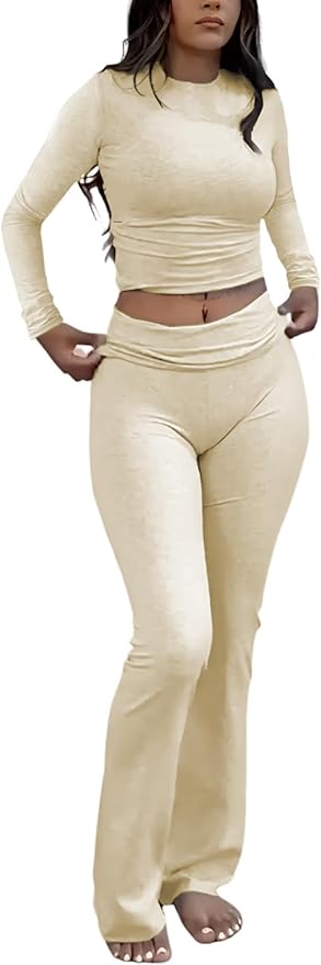 ZFLM Casual Workout Two Piece Outfits Long Sleeve High Waist Fold-Over Flared Leggings Pants Tracksuit Sets Streetwear