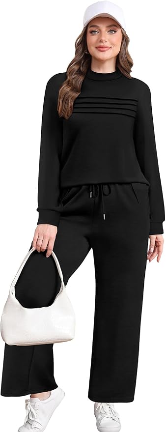 WIHOLL Two Piece Sets for Women Spring Travel Vacation Outfits 2026 Long Sleeve Lounge Sets Side Slit Wide Leg Pants S-3XL