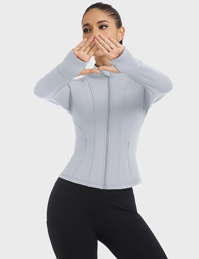 Loovoo Women's Workout Jacket Lightweight Zip Up Athletic Jackets Cropped Slim Fit Running Yoga Tops with Pockets