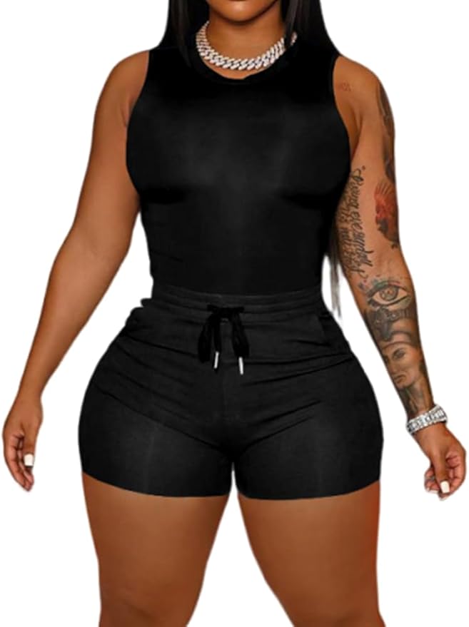 HBQ Women 2 Piece Outfits Sleeveless Tank Tops Biker Short Workout Jogger Sets Summer