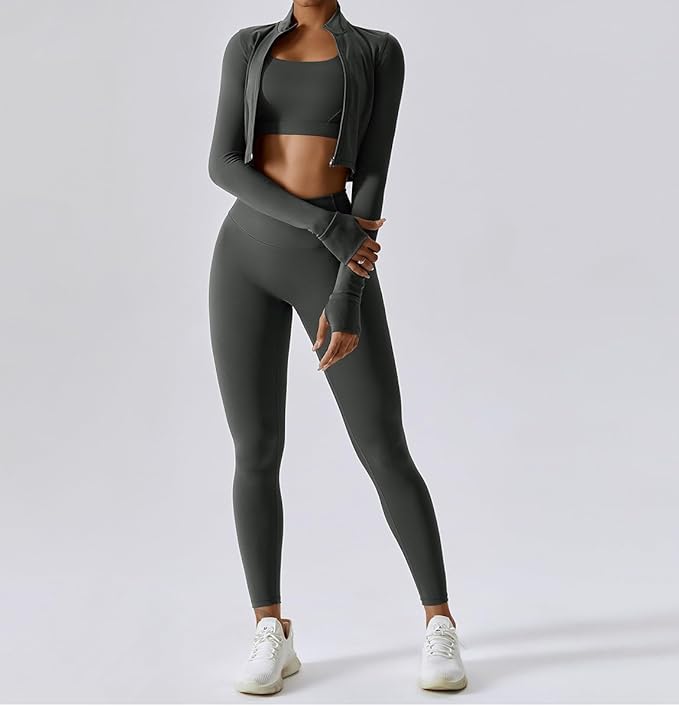 Yknktstc Womens Full Zip Athletic Jacket with Thumbhole Long Sleeve Crop Top Running Workout Yoga Sportswear Shirt