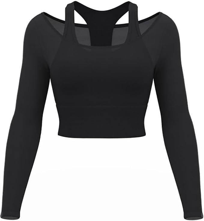 Women's 2 in 1 Yoga Long Sleeve Mesh Gym Athletic Tops Stretch Workout Pilates Shirts with Comfortable Sports Bra