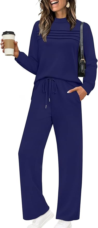 WIHOLL Two Piece Sets for Women Spring Travel Vacation Outfits 2026 Long Sleeve Lounge Sets Side Slit Wide Leg Pants S-3XL