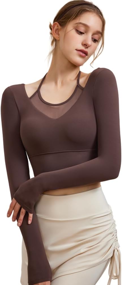 Harssidanzar Women's Yoga Workout Tops 2 in 1 Sports Bra for Gym Athletic Casual Long Sleeve CL312US