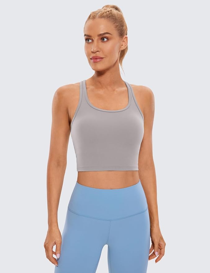 CRZ YOGA Butterluxe Racerback Crop Tank Tops for Women - Padded Y-Back Longline Sports Bras Scoop Neck Workout Yoga