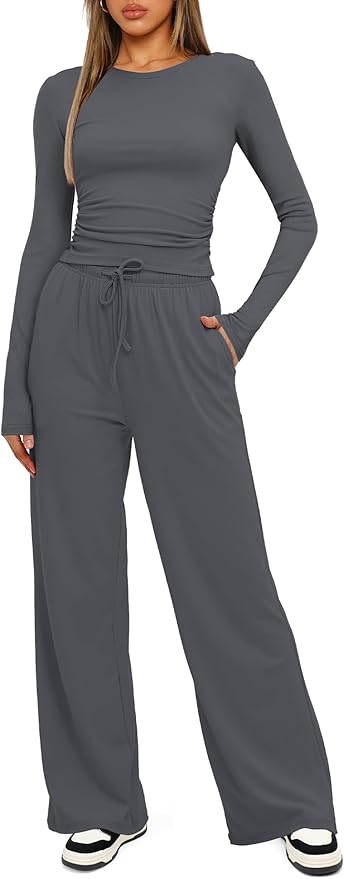 Darong Women's 2 Piece Outfits Lounge Sets 2026 Long Sleeve Tops Wide Leg Pants Casual Matching Set