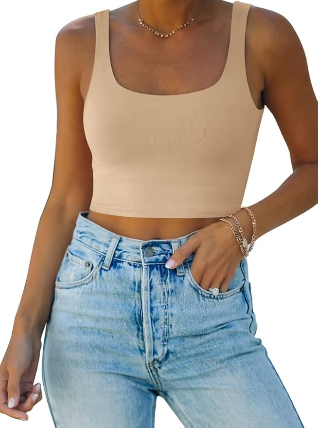 REORIA Women’s Sexy Square Neck Double Lined Seamless Sleeveless Cropped Tank Yoga Crop Basic Tops