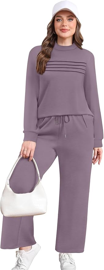 WIHOLL Two Piece Sets for Women Spring Travel Vacation Outfits 2026 Long Sleeve Lounge Sets Side Slit Wide Leg Pants S-3XL