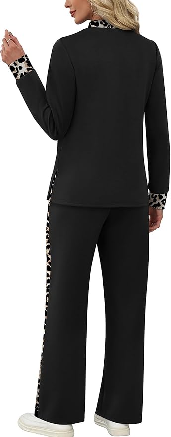 WIHOLL Two Piece Sets for Women Spring Travel Vacation Outfits 2026 Long Sleeve Lounge Sets Side Slit Wide Leg Pants S-3XL