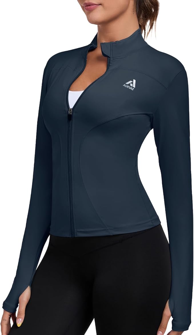 Women's Full Zip Workout Jacket Lightweight Running Slim Fit Athletic Jackets With Thumb Holes