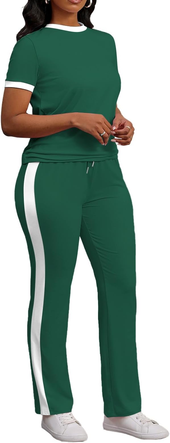 PINSV Women's 2 Piece Outfits Short Sleeve Tops Sweatpants Colorblock Bodycon Lounge Sets Tracksuit