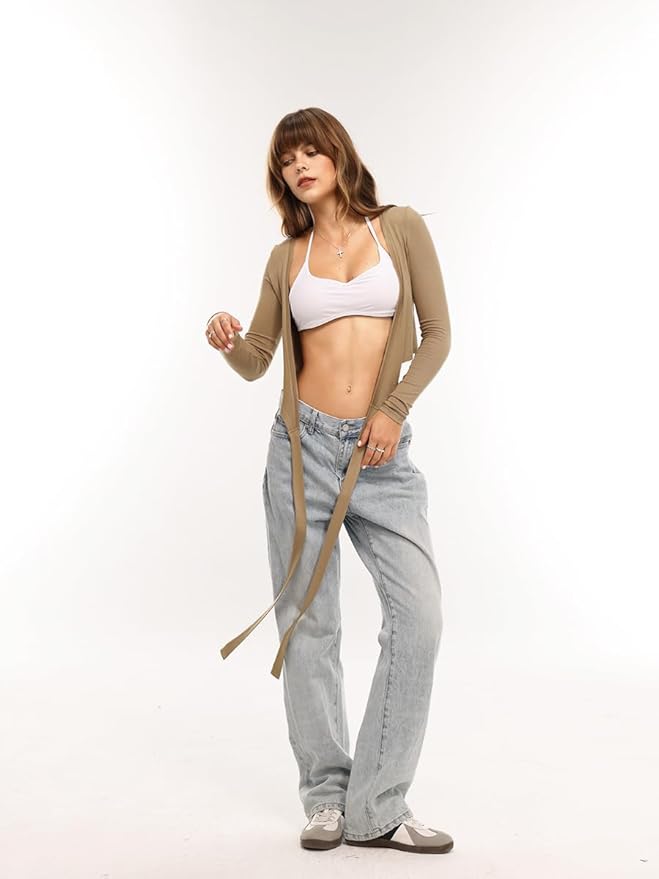 Danysu Ballet Wrap Tops Long Sleeve Cross Tie Crop Shirts Deep V-Neck Dance Clothes Fall Cardigans