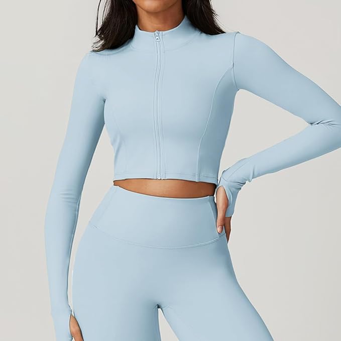 Yknktstc Womens Full Zip Athletic Jacket with Thumbhole Long Sleeve Crop Top Running Workout Yoga Sportswear Shirt