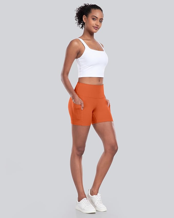 CHRLEISURE Womens Biker Yoga Shorts with Pocket, High Waisted Tummy Control 5 Inch Workout Spandex Athletic Gym Shorts