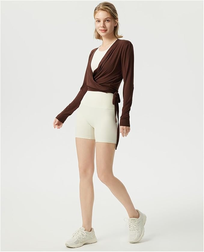 Yoga outfit with feminine temperament, cross V-neck, slimming effect, pleated waist, slim fit, sports long sleeved outfit