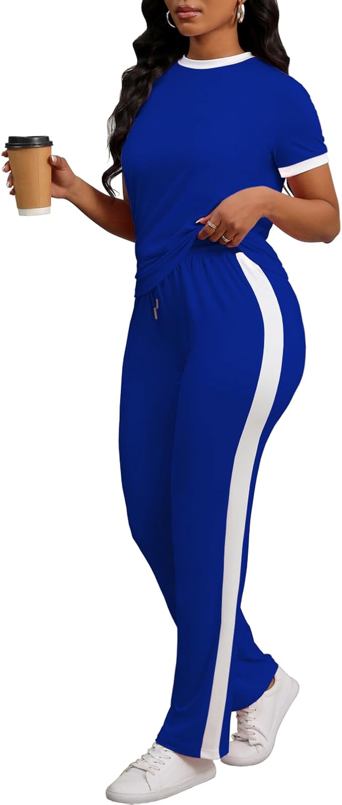 PINSV Women's 2 Piece Outfits Short Sleeve Tops Sweatpants Colorblock Bodycon Lounge Sets Tracksuit