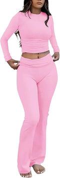 ZFLM Casual Workout Two Piece Outfits Long Sleeve High Waist Fold-Over Flared Leggings Pants Tracksuit Sets Streetwear
