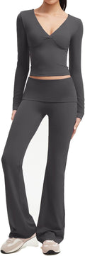SUUKSESS Women 2 pieces Lounge Sets Long Sleeve V Neck Tops Fold Over Flare Leggings