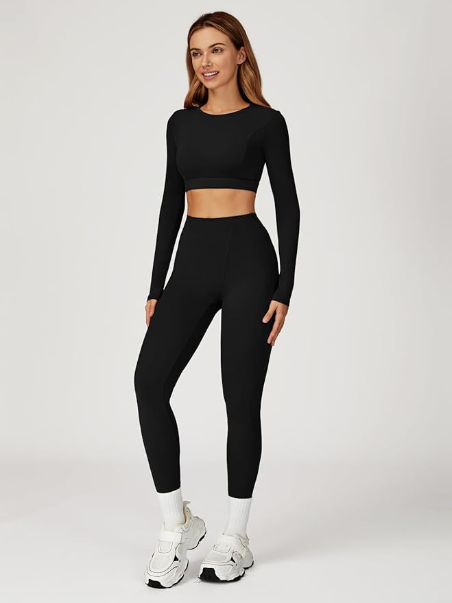 Women’s 2 Piece Workout Set Long Sleeve Crop Top & High Waist Leggings | Stretch Activewear for Gym & Yoga