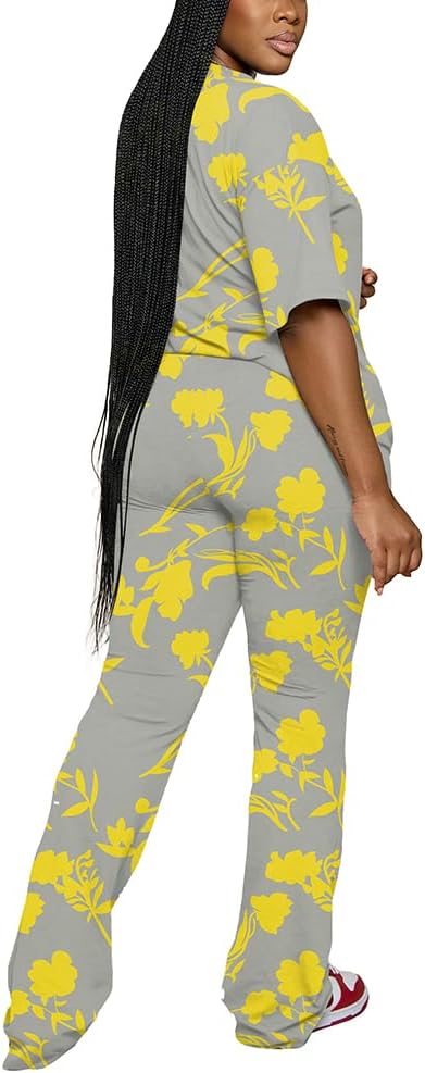 PINSV Women 2 Piece Outfits Short Sleeve Top and Flare Pants Lounge Sets Tracksuit