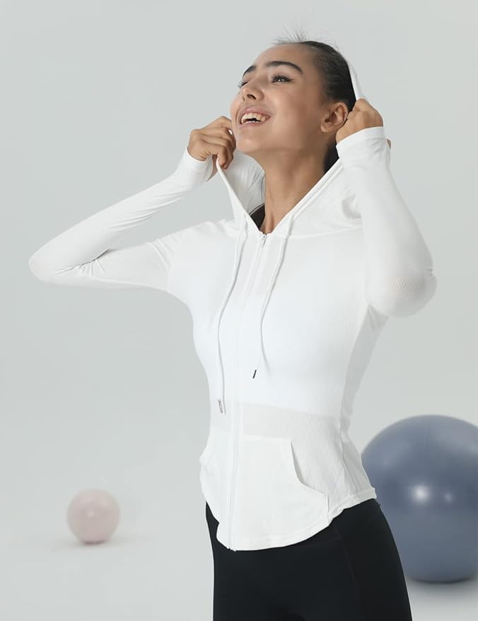 Locachy Womens Slim Fit Full Zip Hoodie Athletic Jacket Yoga Workout Running Jackets with Thumb Holes