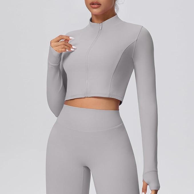 Yknktstc Womens Full Zip Athletic Jacket with Thumbhole Long Sleeve Crop Top Running Workout Yoga Sportswear Shirt